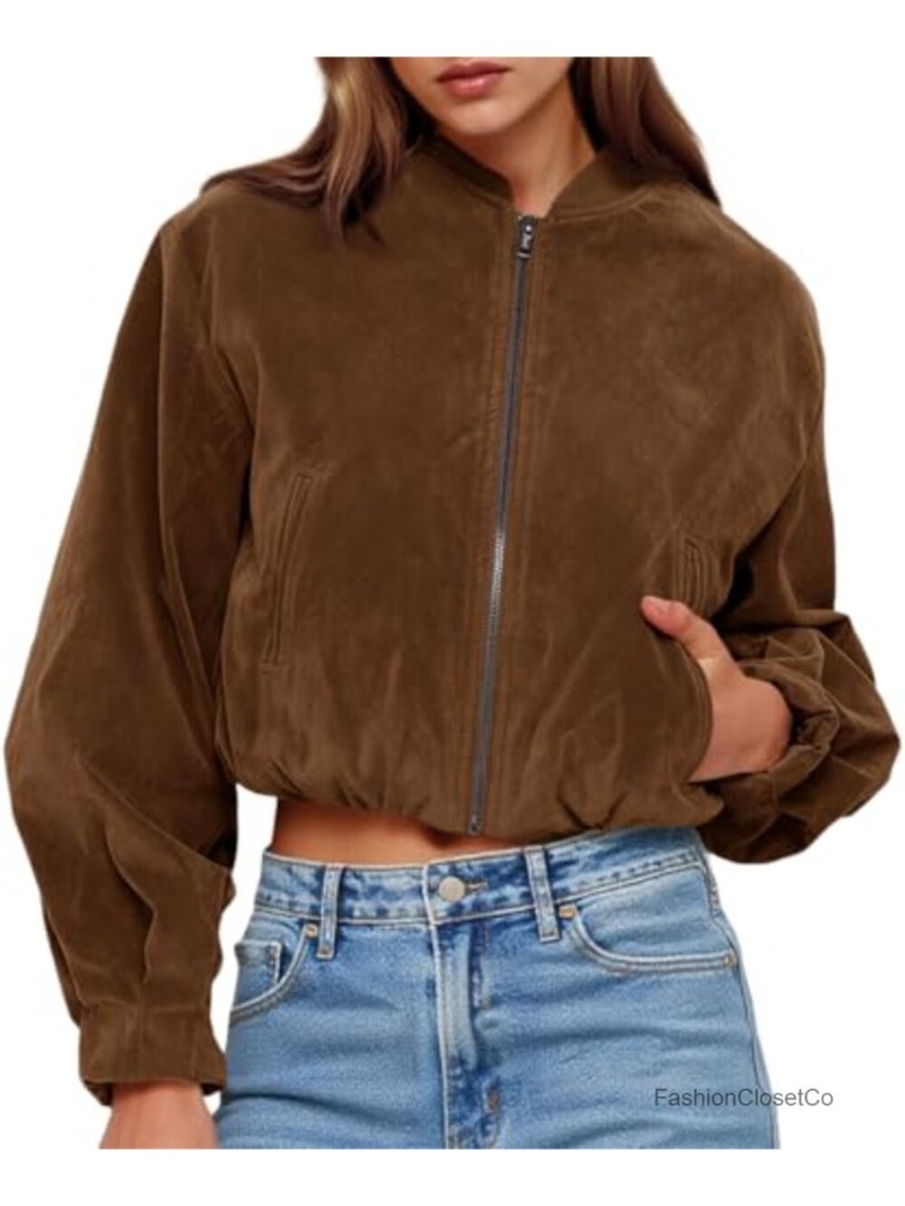 Faux Suede Bomber Jacket Womens Cropped Zip Up Lightweight Coat